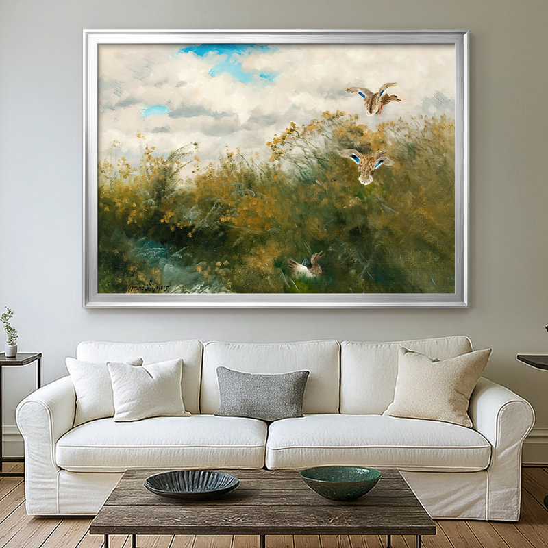 Mallards in Flight-Bruno Liljefors-Toile tendue avec châssis-c. Fin du 19e siècle, 30 x 5 x 42,5, Toile avec cadre, Argent