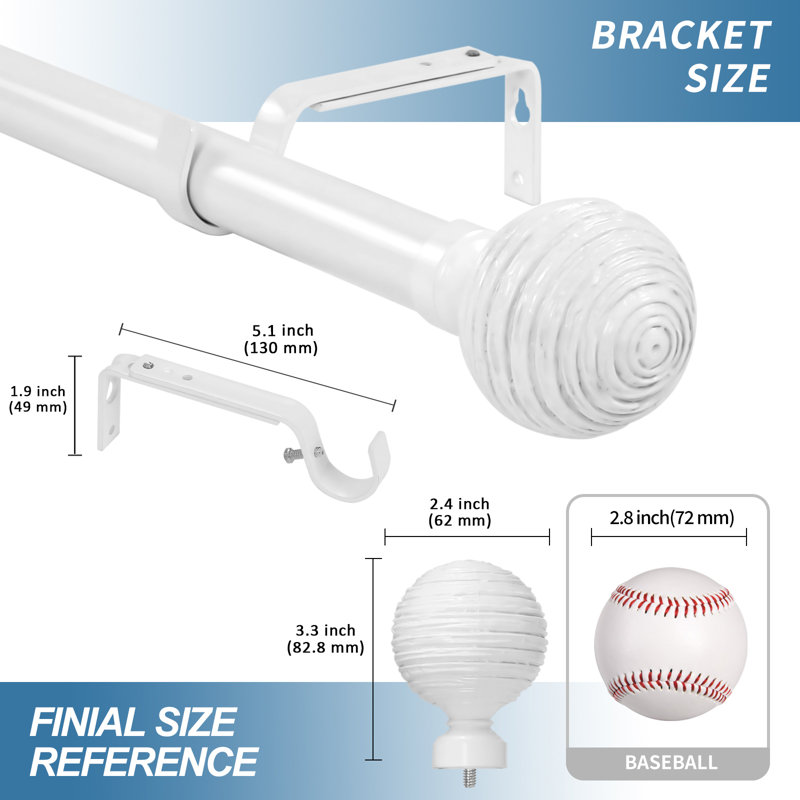 Tringle à rideaux simple réglable Divya, l 48 po x P 6,75 po, Blanc lustré