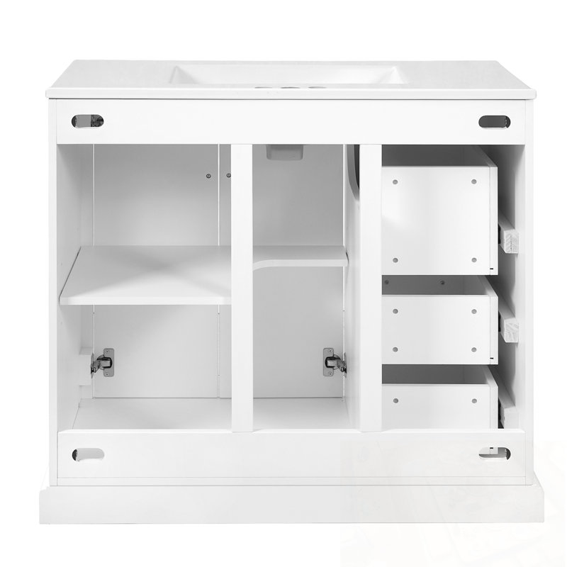 Meuble-lavabo avec lavabo en céramique, tablette réglable et 3 tiroirs, Blanc
