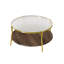 Table basse moderne à 2 niveaux en noyer avec plateau en verre et base dorée Modern