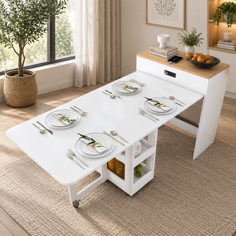 Table de salle à manger extensible gain de place avec prise électrique, roulettes verrouillables et rangement, 188 cm (74 po), MDF