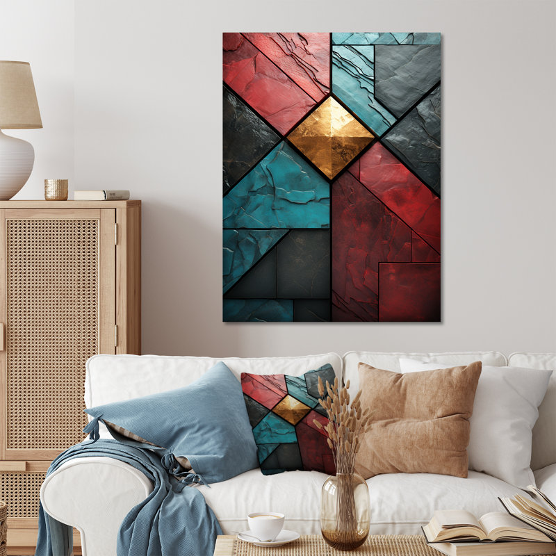 Carreaux de chevron bleu et rouge Elegance III - art mural abstrait en métal, H 40 po x l 30 po x P 1,5 po