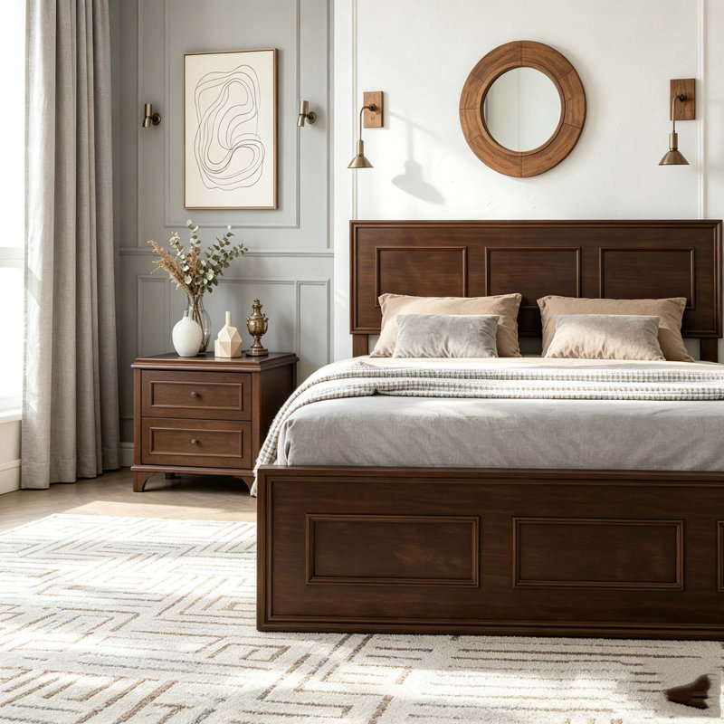 Lit avec tête de lit à hauteur réglable, lit en bois de pin avec cadre de lit renforcé, Full, Walnut