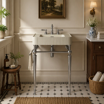 Solid Surface Console Vanity with Integrated Sink and 3 Pre-Drilled Faucet Holes, Freestanding Stainless Steel Legs and Towel Bar