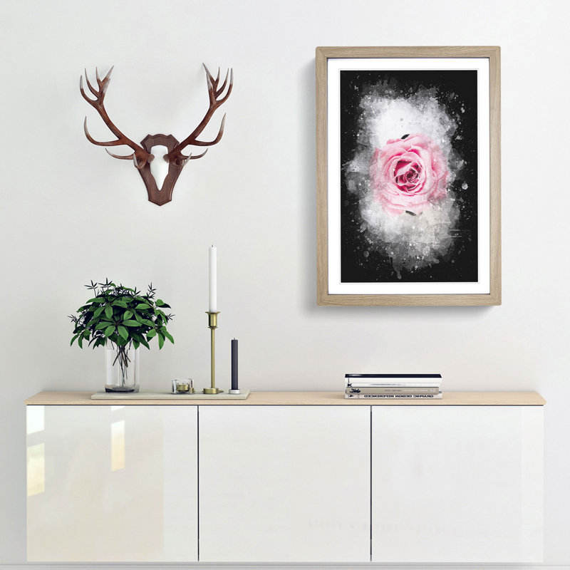 Lone Pink Rose Abstract Paint Splash - Picture Frame Graphic Art, Oak Framed, 33cm H x 24cm W x 2cm D