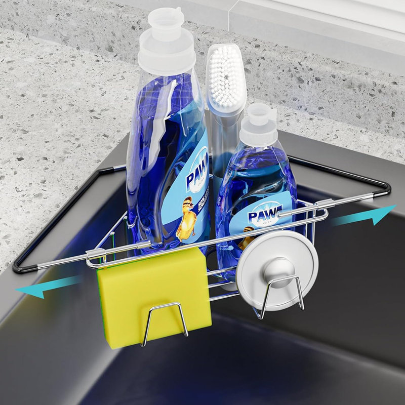 Extendable Arm Stainless Steel Kitchen Sink Corner Caddy, Easy Install Space-Saving Adjustable Sponge Holder, Non-Slip Rust-Resistant For Brushes, Soap, Sponges (Silver)