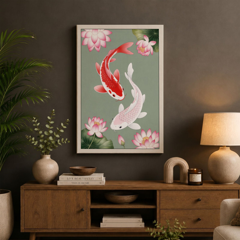 Koi and Lotus Japandi - Wrapped Canvas, 30x20 - 76.2 x 50.8 cm, Terracotta Border