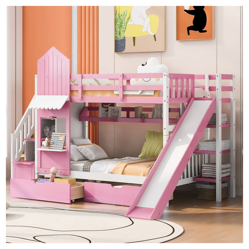 Lit superposé simple de style château simple avec tiroirs et tablettes de rangement, bois massif rose
