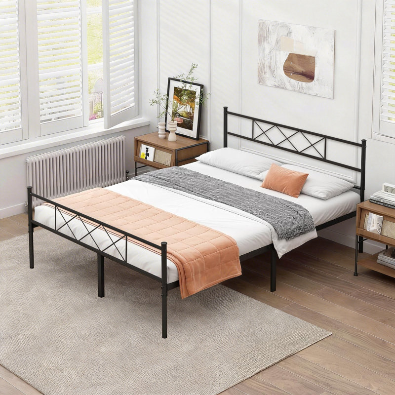 Single Double Size Beds with Headboard and Footboard, Metal Platform Bed Frame with Metal Slats Support, No Box Spring Needed, Easy Assembly