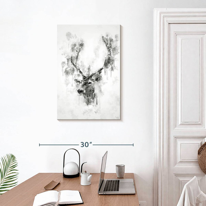 Tête de wapiti en noir et blanc, H 30 po x l 20 po