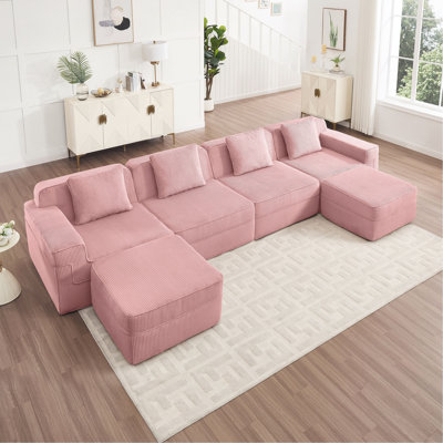 Canapé modulaire modulaire en forme de U sans siège à 4 places, canapé modulaire Cloud avec assise profonde, canapé modulaire moderne à 4 places avec coussins décoratifs et 2 repose-pieds amovibles, tissu en velours côtelé