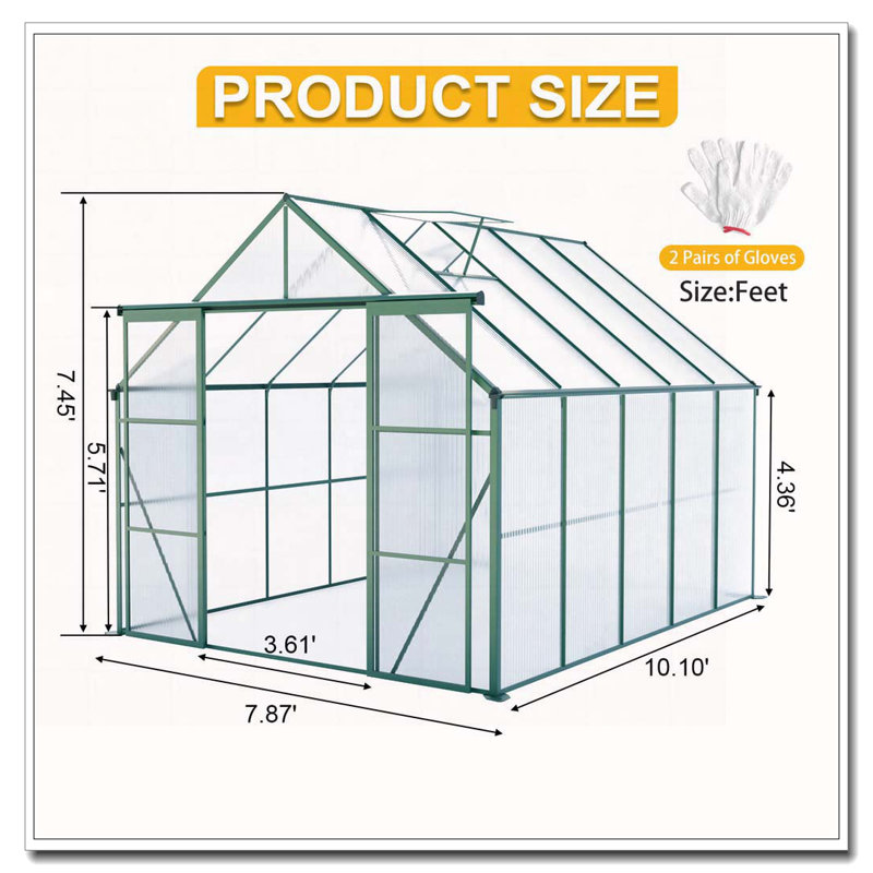 Serre en polycarbonate à double porte de 8 x 10 pi avec serre surélevée et ancrage en aluminium robuste pour cour extérieure en toute saison, vert