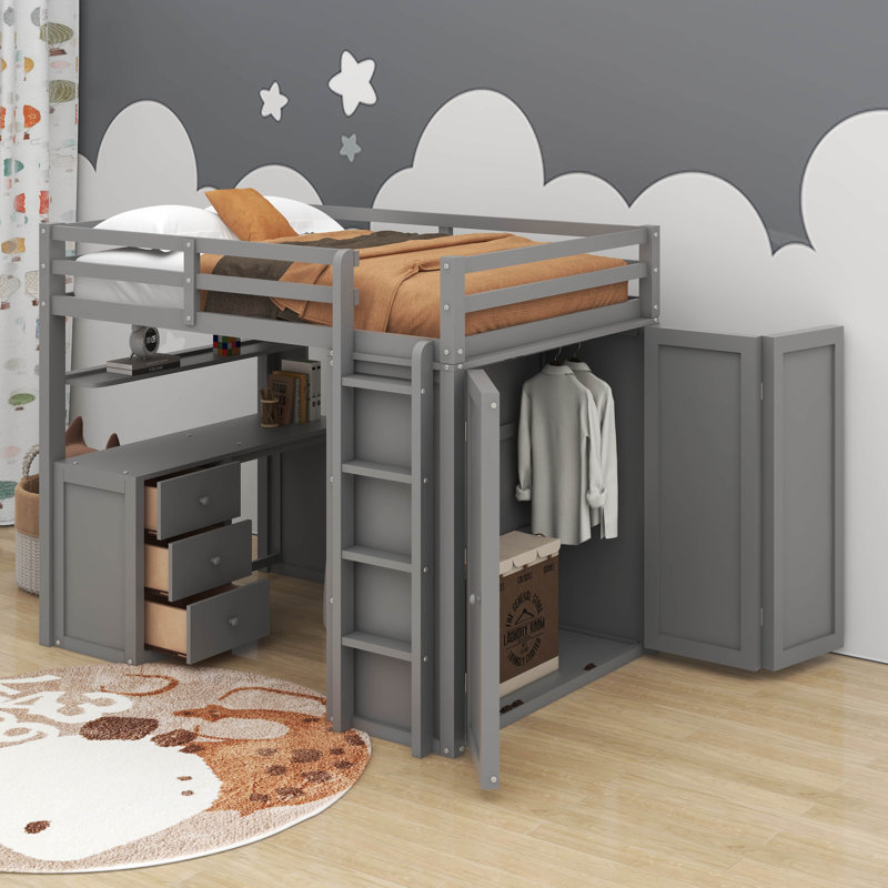 Full Size Loft Bed With Drawers,Desk And Wardrobe, Gray