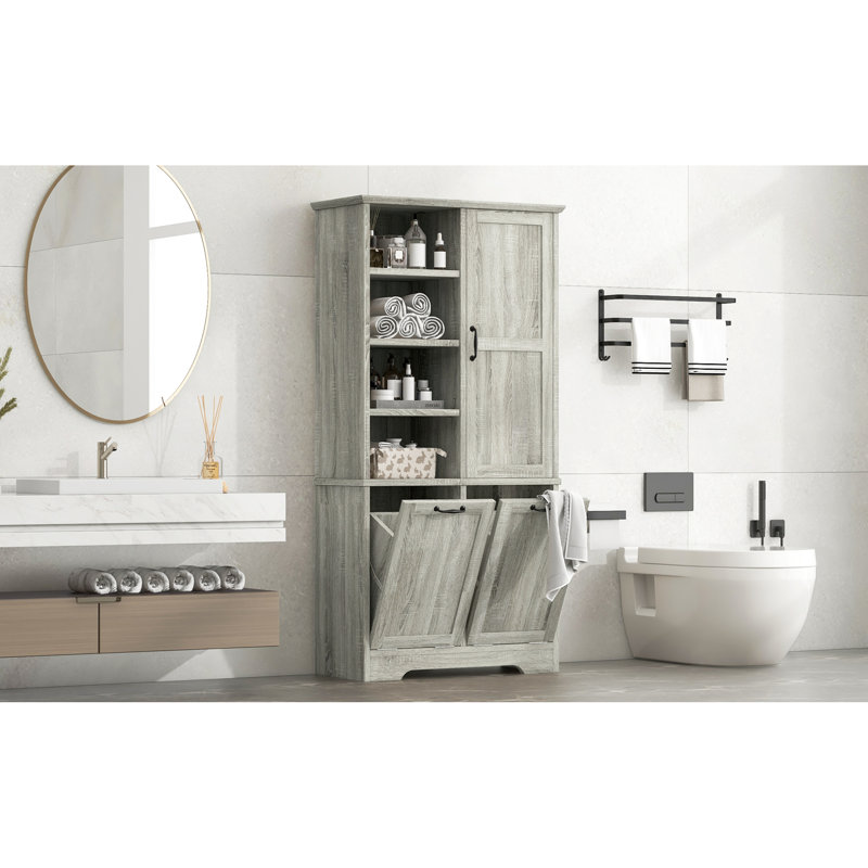  68" Tall Bathroom Storage Cabinet with Dual Tilt-Out Laundry Hampers, Open Shelves & Adjustable Storage, Oak, Oak