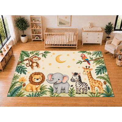 "Ultra Light Weight" Large 6'7 x 9'10 Moonlight Safari Animals Area Rug for Kids Room Nursery Playroom Soft Low Pile Indoor Carpet Cute Jungle Floor Decor