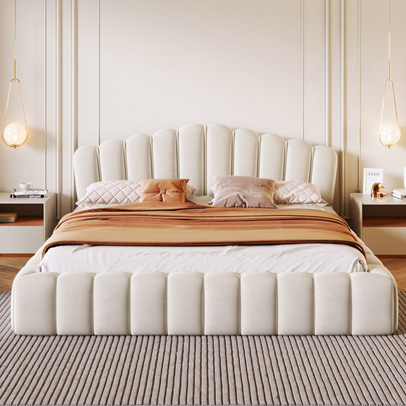 Tête de lit tapissier en velours pour lit double, sans sommier tapissier, beige, Beige