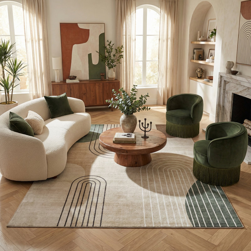 Rug Branch Arlo 5' x 8' (5'3" x 7'7") Beige/Green Abstract Area Rug, Mid-Century Modern, Medium Pile, Stain-Resistant Carpet - Living Room, Bedroom, Dining Room, and Kitchen
