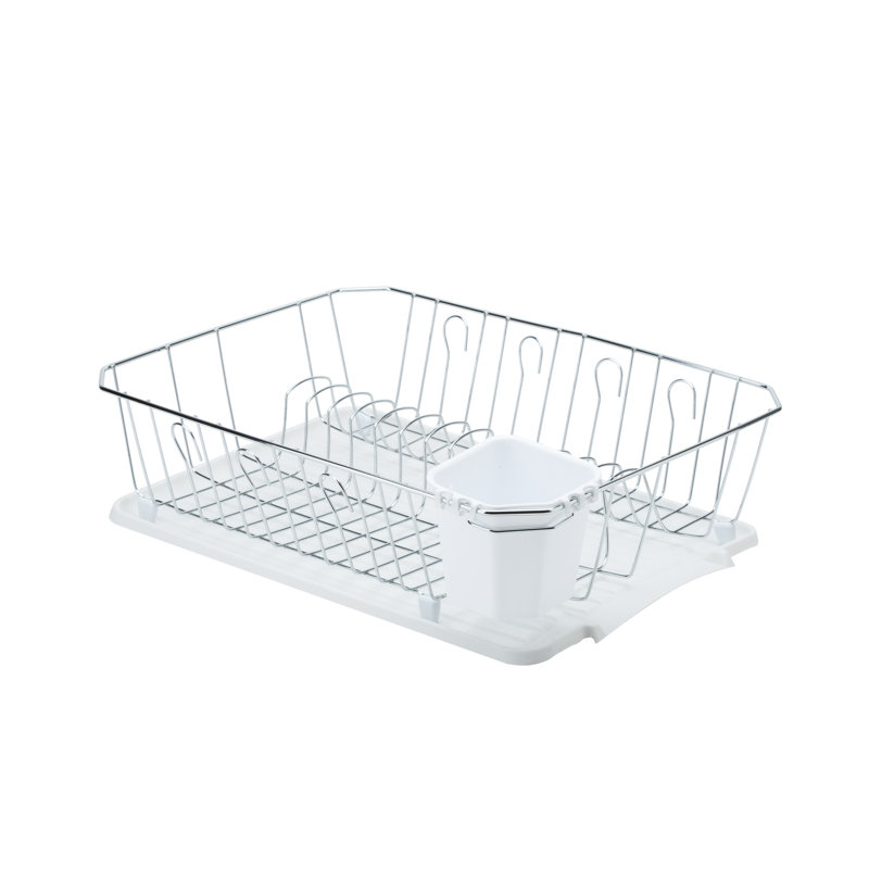 Chrome Foldable Dish Rack with Utensil Cup in White