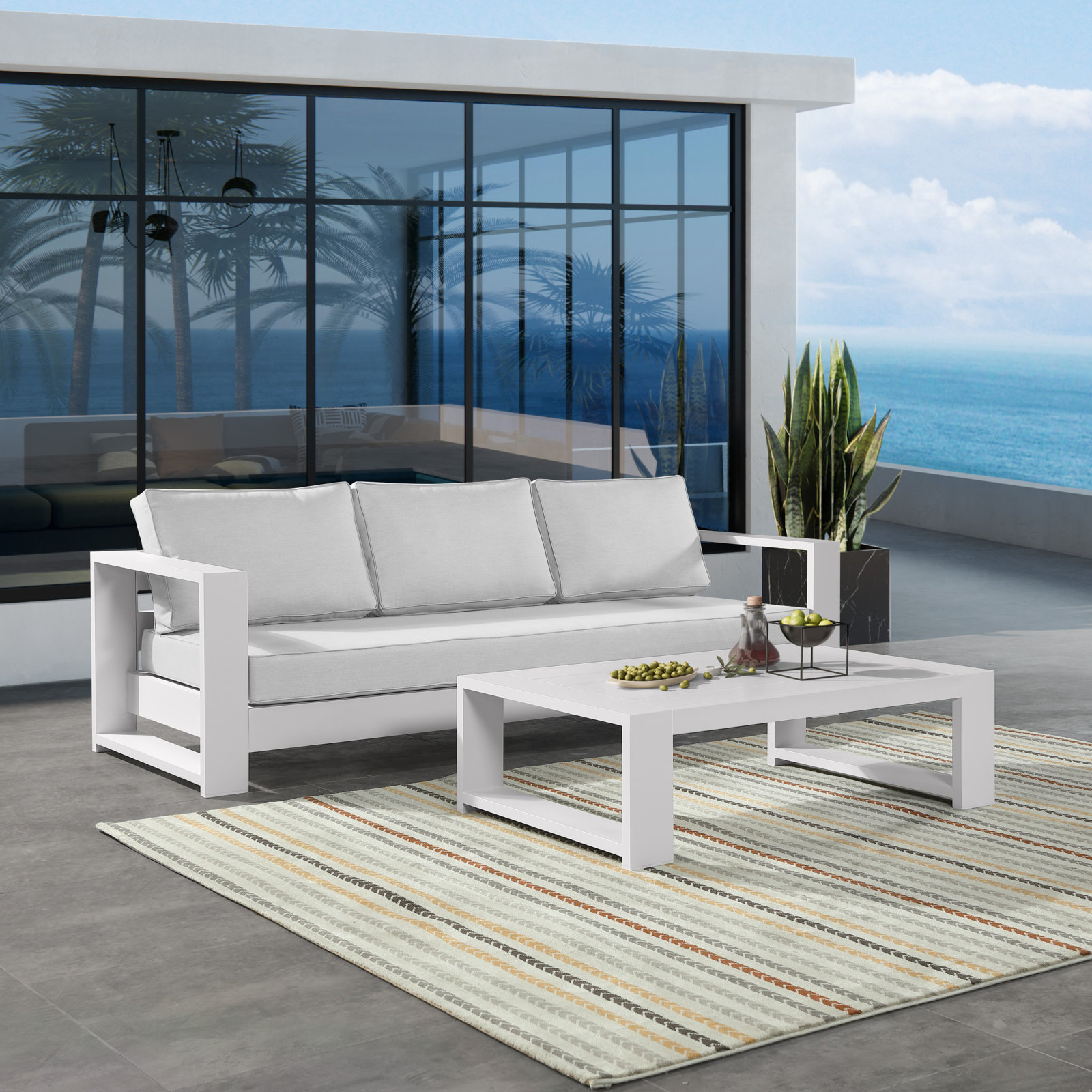Hoyt Outdoor Aluminum Conversation Set with End Table, 2 Pcs: Coffee Table, 1 Sofa, Light Gray, Snow White