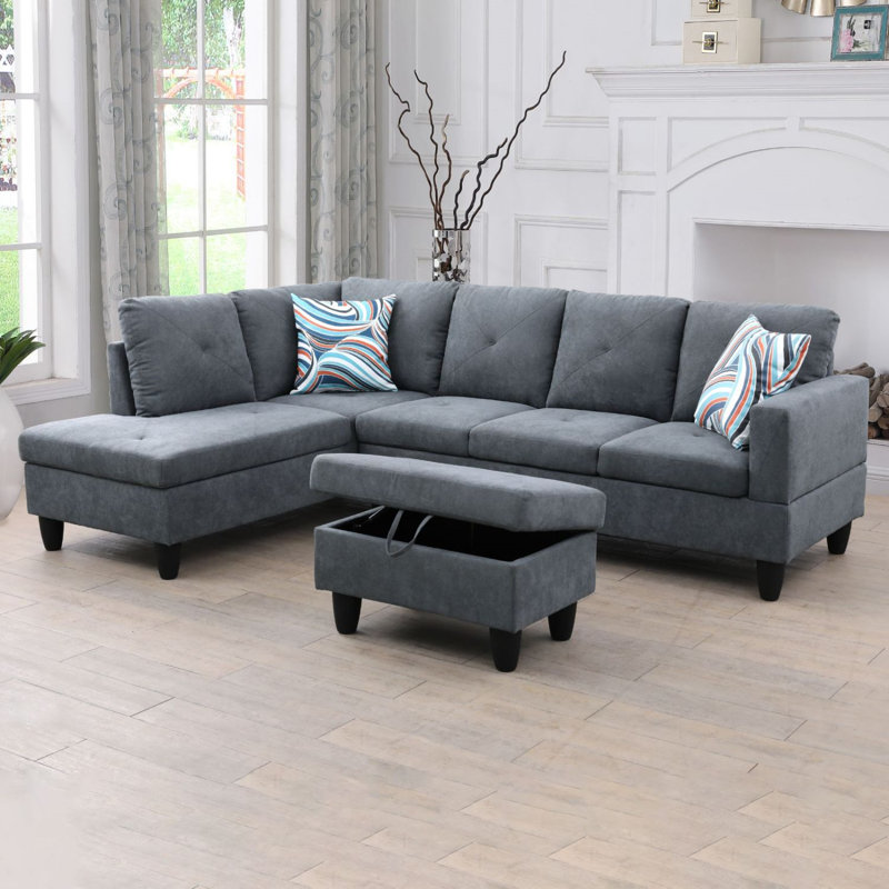 Canapé modulaire en L 3 pièces pour salon Manol, Accoudoir à gauche (vu de face), Mélange de polyester gris foncé