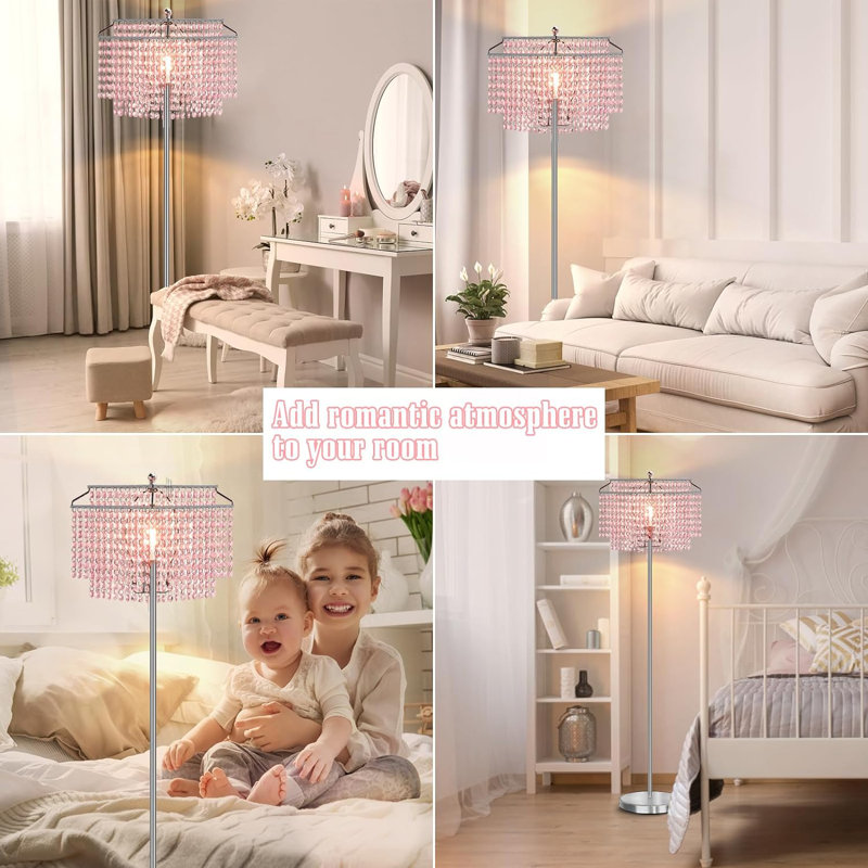 64.2'' Chrome LED Novelty Floor Lamp with USB, Brushed Silver, Pink