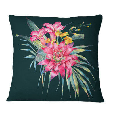 Red And Orange Tropical Flower On Black II - Tropical Printed Throw Pillow
