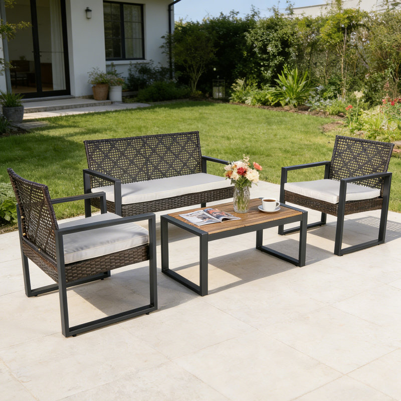 Ensemble de conversation pour 4 personnes en osier avec coussins, Coussin beige / structure grise