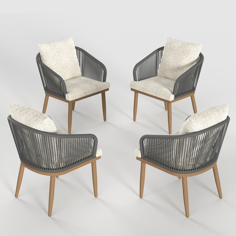 Patio Dining Armchair with Cushion, Beige, 4, Brown Wood
