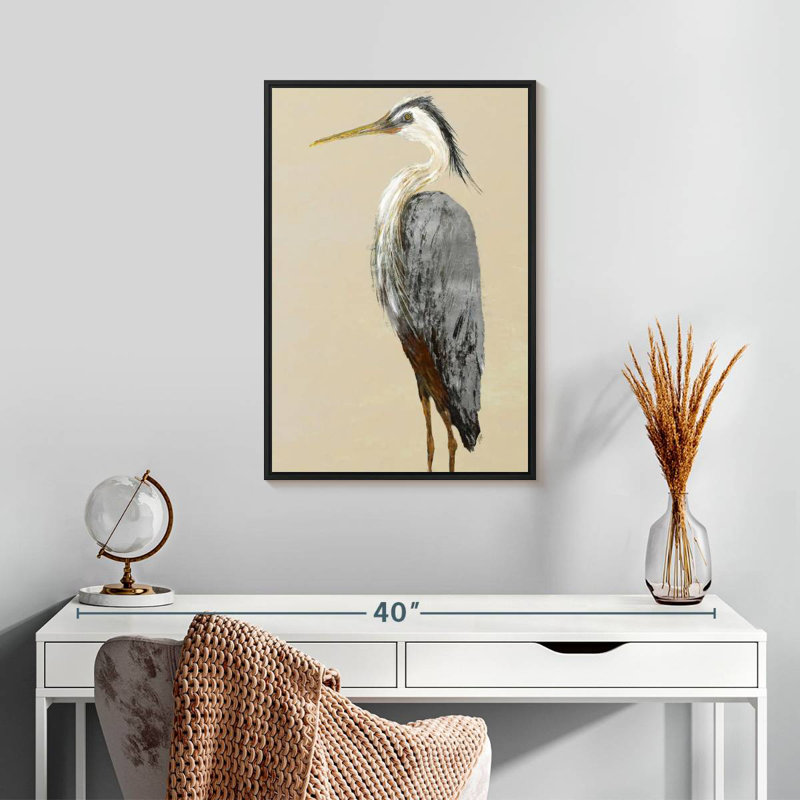 Héron sur fond brun clair II, Cadre flottant noir, 17 po x 25 po