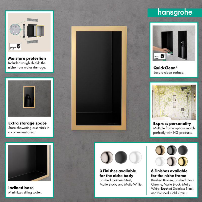 Niche murale individuelle XtraStoris noir mat avec cadre 15,38 po x 9,5 po x 4 po, Chrome poli noir
