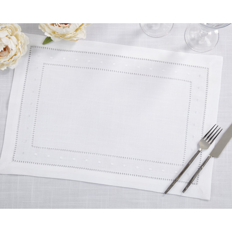 White Hemstitch Embroidered Polyester Rectangle Placemats, Set of 12