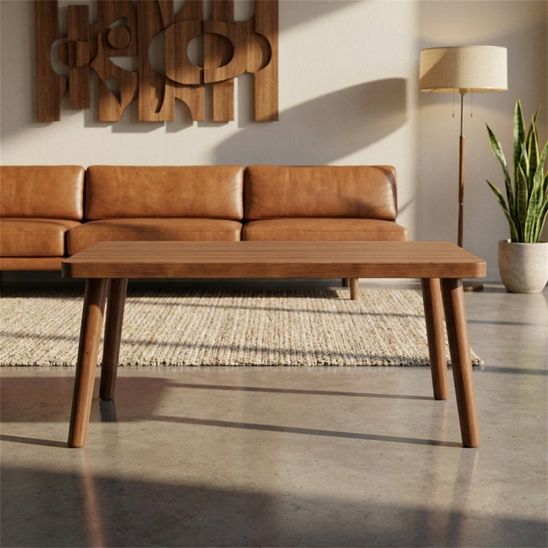 Table basse rectangulaire, conception à coins arrondis, 4 pieds cylindriques, structure en bois, brun