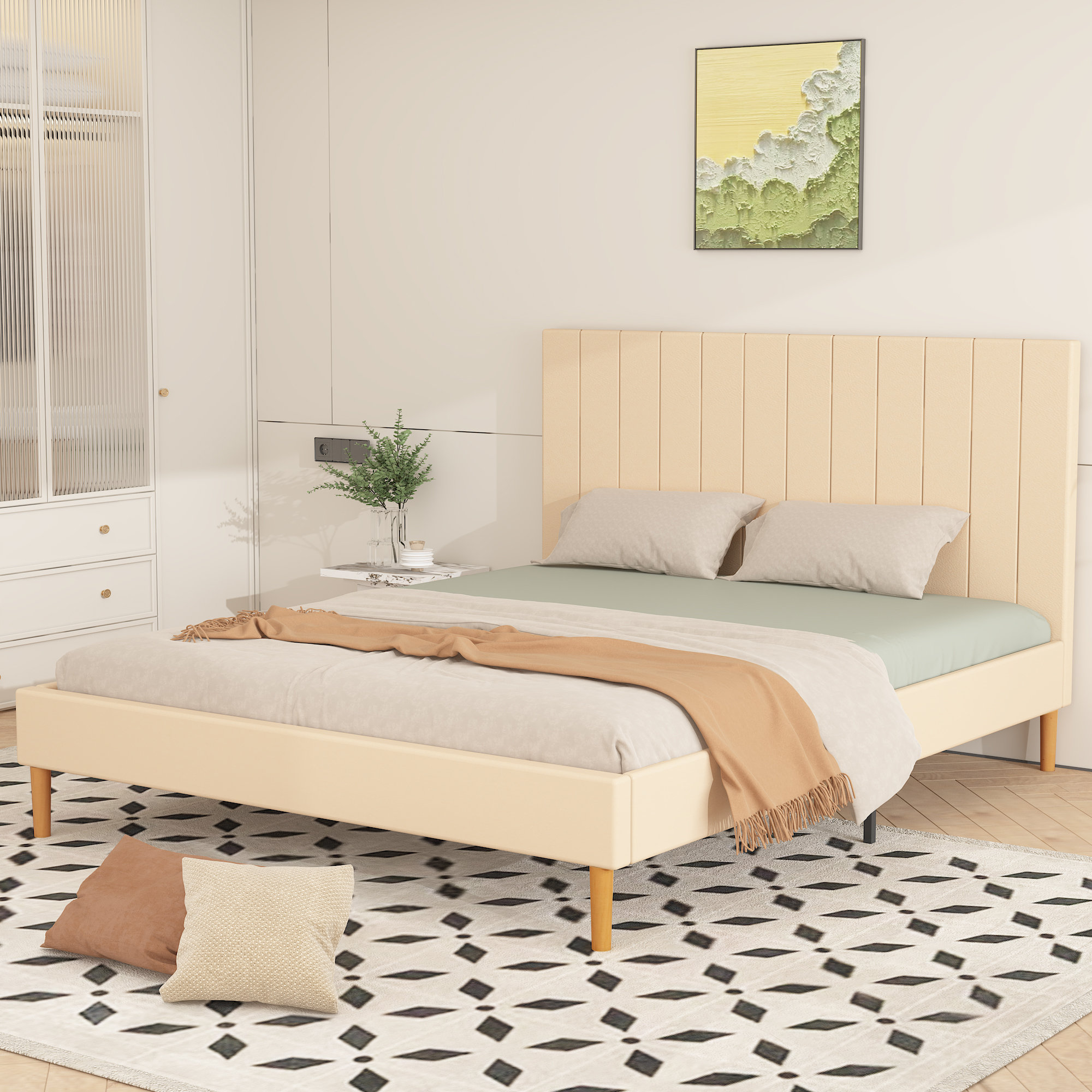 Ebern Designs Contrena Wood Queen Bed Frame with Upholstered Headboard ...