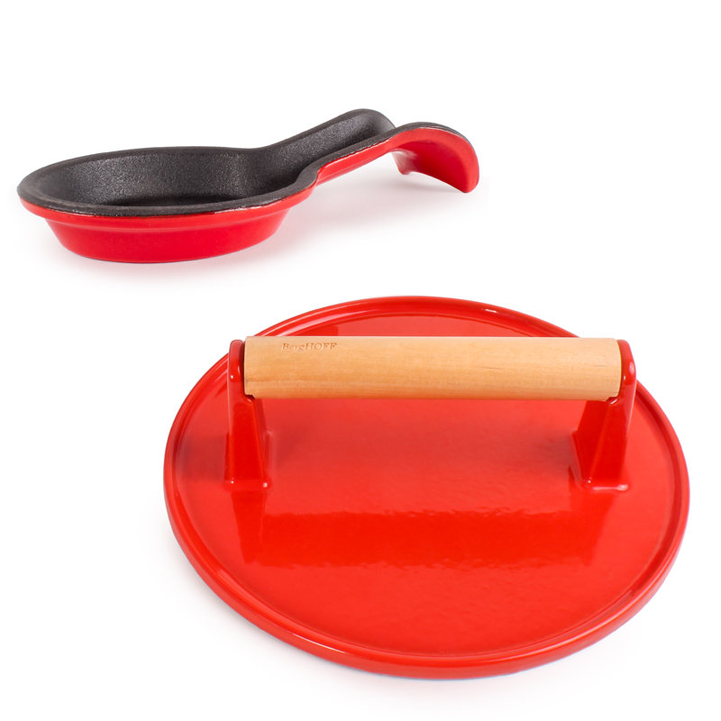 BergHOFF Neo 2Pc Cast Iron Spoon Rest and Steak Press Set, Red