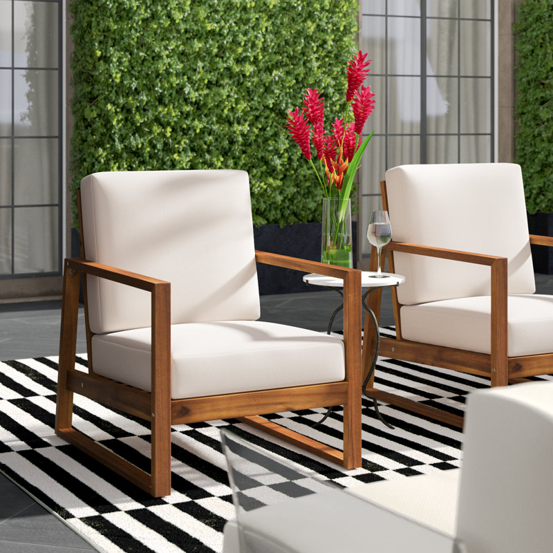  Arilynn Modern Coastal Vietnam Acacia Wood Outdoor Club Chair with Cushions, Teak Frame / Beige Cushion