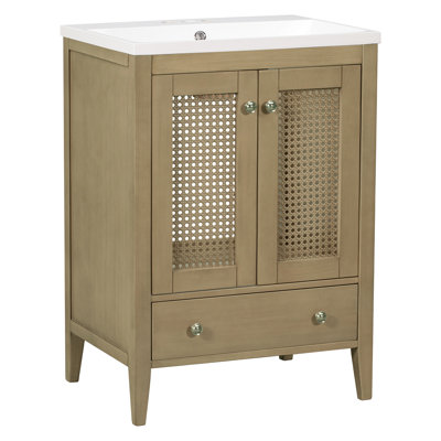 Meuble-lavabo de 24 po avec lavabo et armoire en céramique, cadre naturel, cadre stable, rangement généreux, assemblage rapide avec lavabo, présentation du thème, structure du cadre, nombreuses possibilités de rangement,