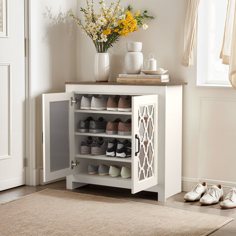 Chessani 12 Pair Shoe Storage Cabinet, Ivory/Knotty Oak