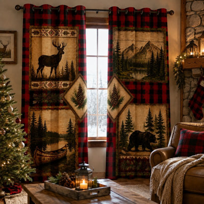 2Pcs Rustic Buffalo Plaid Bear Deer Pinecone Mountain Lake Print Curtains, Vintage Wilderness Woodland Nature Scenic Art Panels, Farmhouse Cabin Lodge Home Decor for Living Room Bedroom for Home Dector