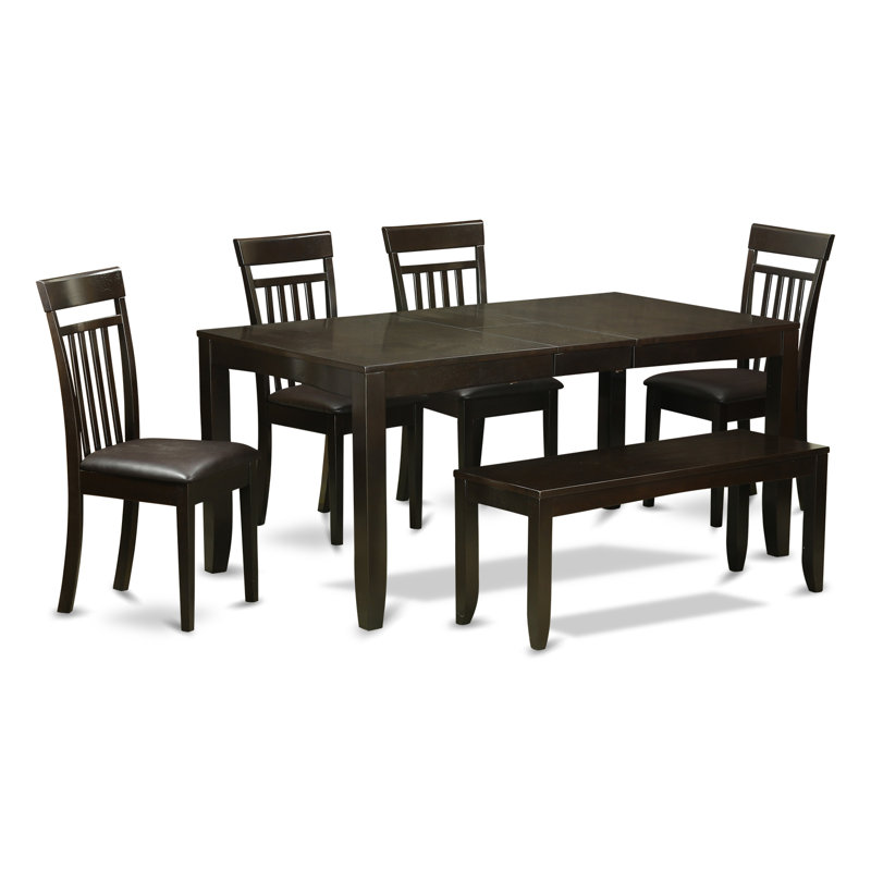 6 Piece Dining Set Contains a Rectangle Dining Room Table with Butterfly Leaf and 4 Faux Leather Kitchen Chairs with a Bench, Cappuccino
