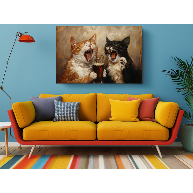 Deux chats avec bière, impression sur toile, décoration murale moderne pour la maison et le bureau, H 24 po x l 36 po