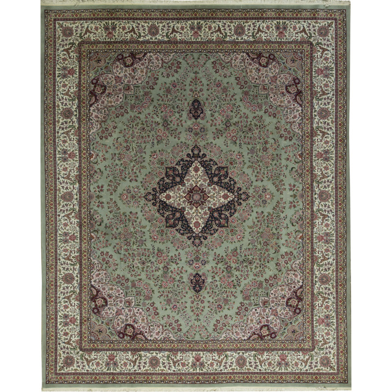 Tapis vert clair et bleu marine noué à la main de haute qualité