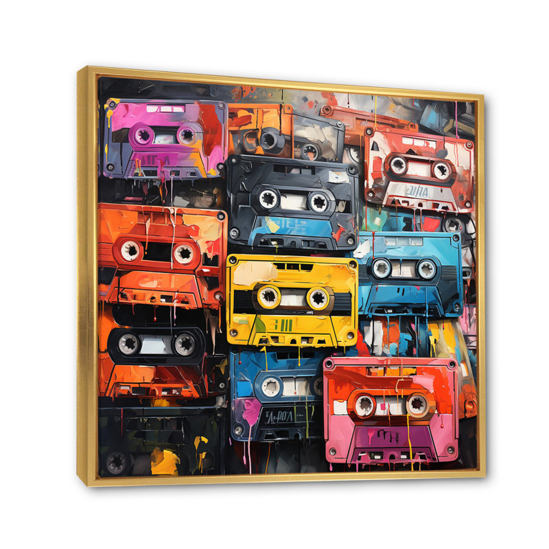" Cassette Tapes Scattered Across III ", 30" H x 30" W x 1" D, Gold Floater Framed