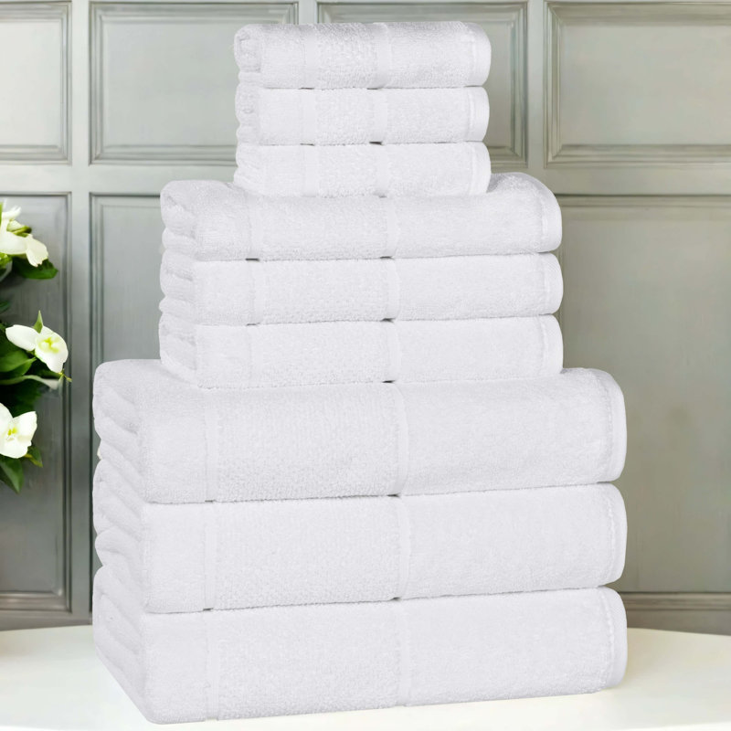 Mile Smart Twist Viscose Cotton Blend Medium Weight Solid Thick Border Towel Set, 9 Piece Towel Set, White