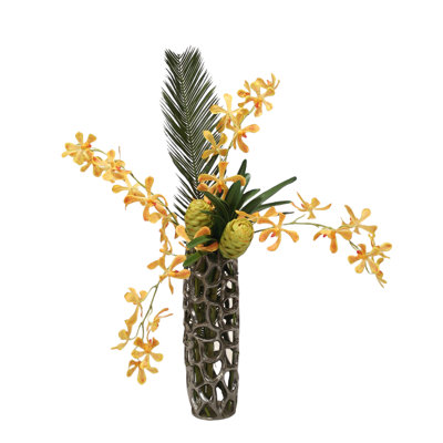 Vanda Orchid and Cycas Palm with Honeycom Floral Arrangement in Vase