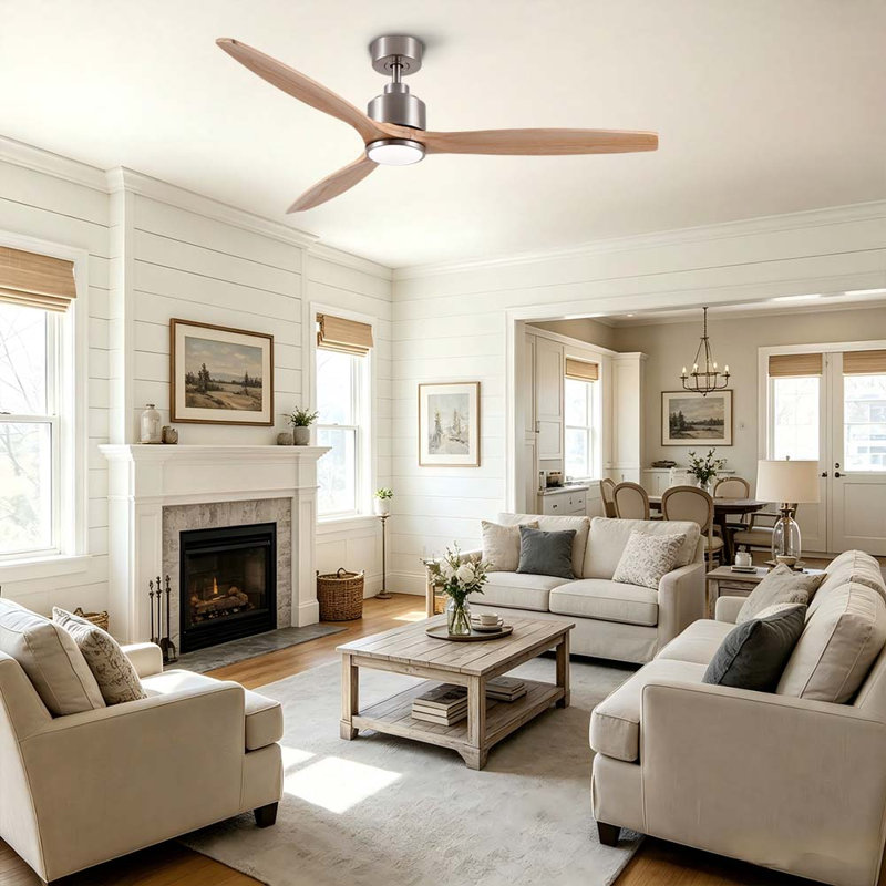 Modern 60" 3-Blades Indoor Brushed Nickel Solid Wood Ceiling Fan With LED Light, Quite DC Motor and Remote Control, 60" Wide