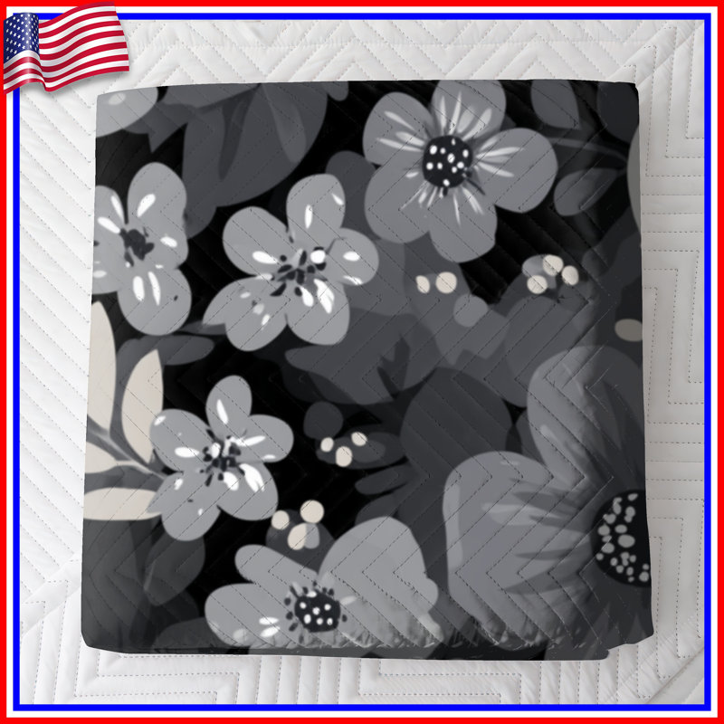 Couvre-lit matelassé à motif floral noir , Double