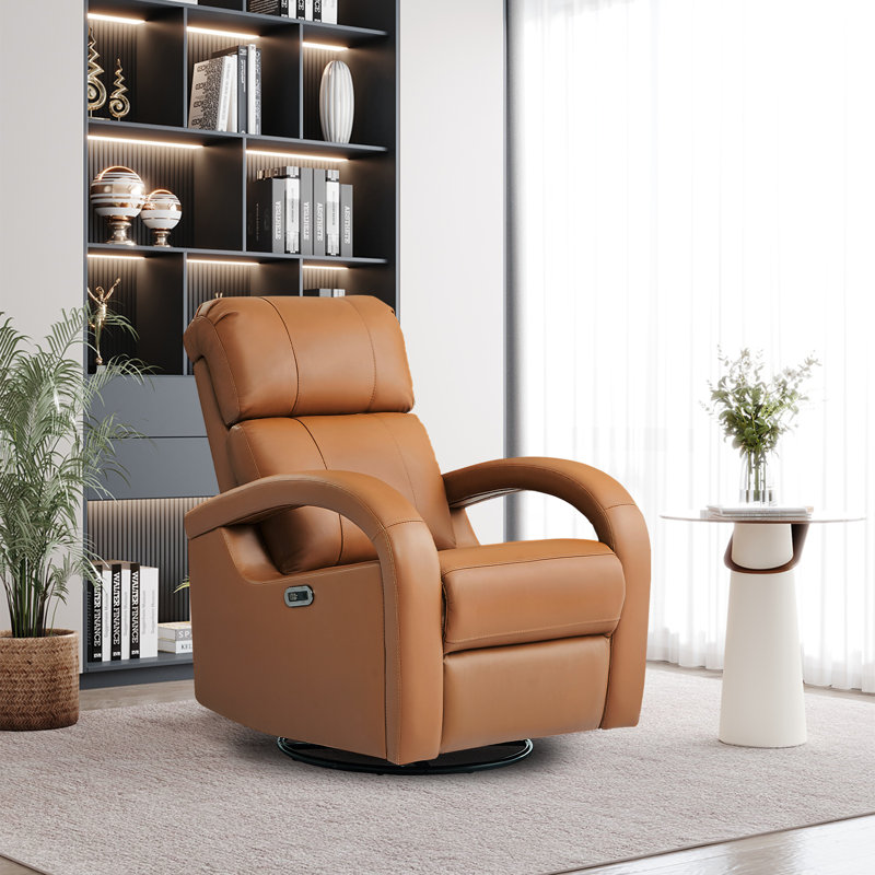 Power Recliner Top Grain Leather Electric Chair Adjustable 270°Swivel Chair, Camel Brown Top Grain Leather