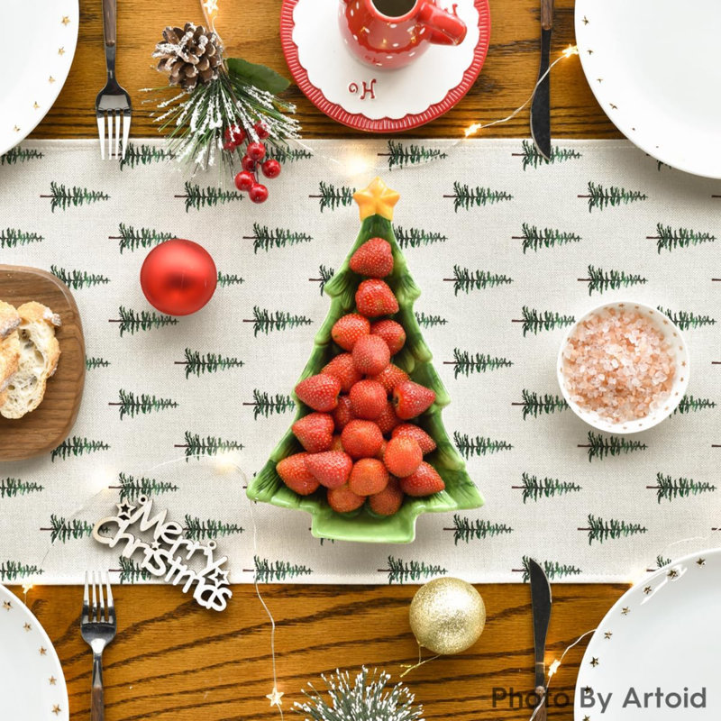 Xmas Tree Christmas Table Runner, Seasonal Winter Kitchen Dining Table Decoration For Home Party Decor, 48" x 13", 1