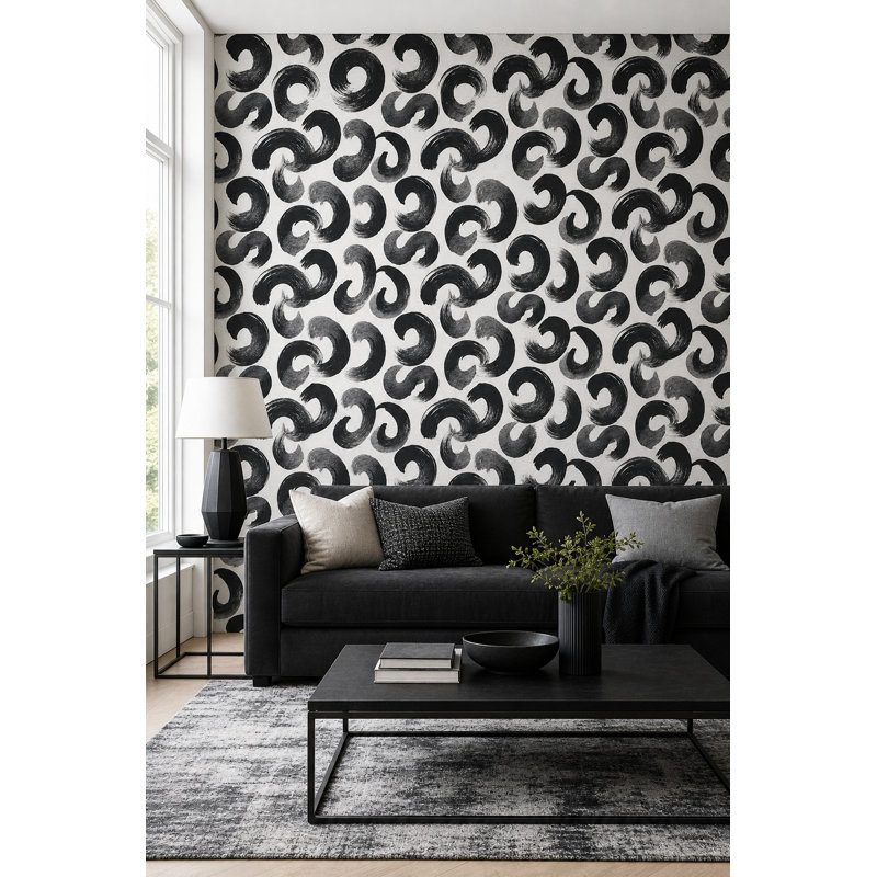 Rouleau de papier peint mural brossé noir et blanc Brushstroke, Non-Woven Non-Pasted