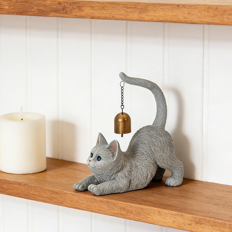 Playful Cat With Bell Ring Resin Figurines & Sculptures, Gray